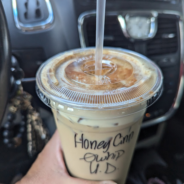 Large Iced Honey Cinnamon Latte Upside Down No Whip