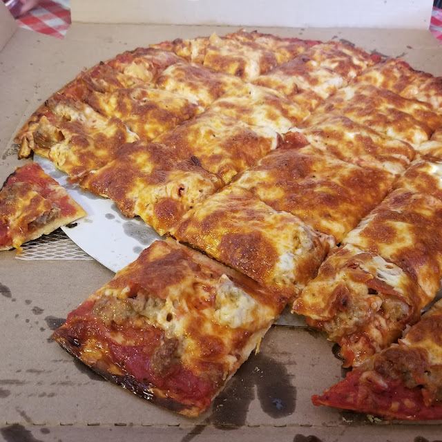 Canadian Bacon & Pineapple Thin Crust X-Tra Sauce Well Done Cut in Squares
