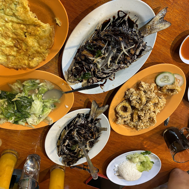 Ikan Bolong with Soy Sauce Crispy Fried Squid Omelette Sauté Vegetables