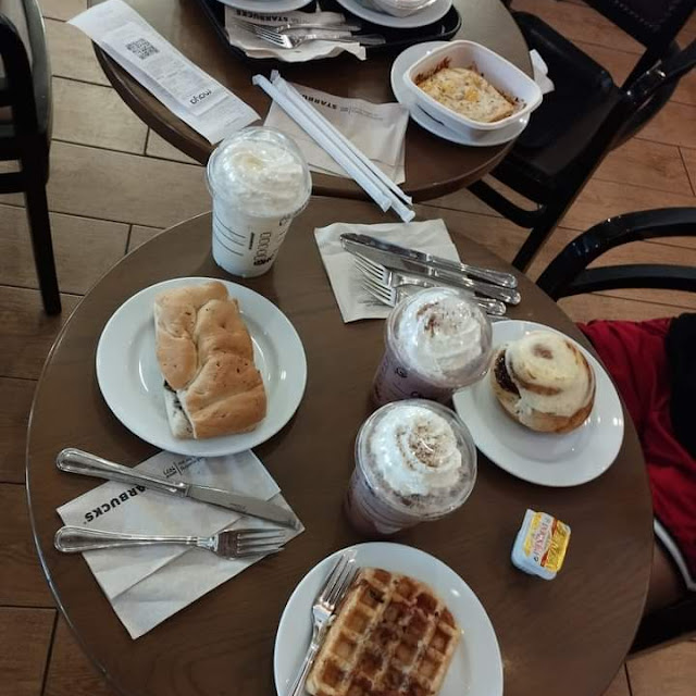 Chicken Pesto Sandwich Chocolate Waffle Cinnamon Roll Chocolate and White Chocolate Frappes