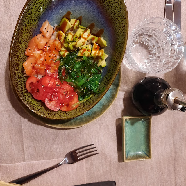 Salmon Avocado Tomatoes on a Bed of Rice