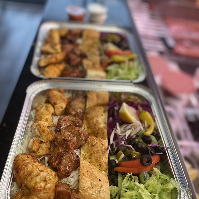 Lamb and Chicken Shish with Rice and Salad