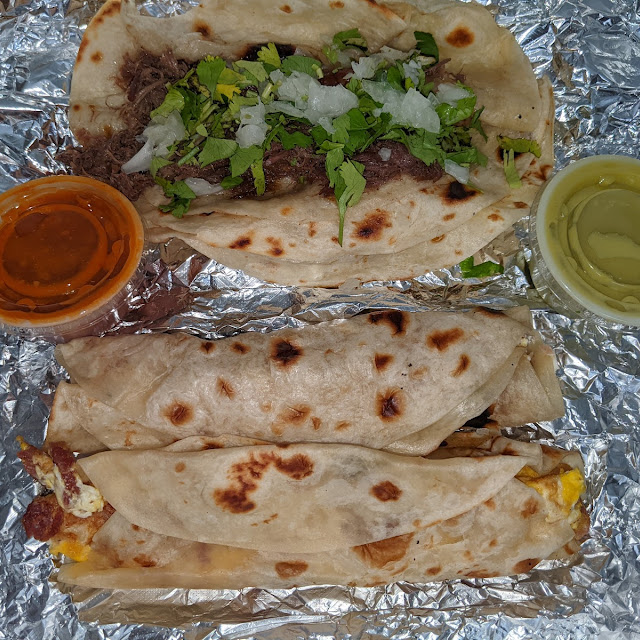 Breakfast Tacos Bacon and Egg and Barbacoa