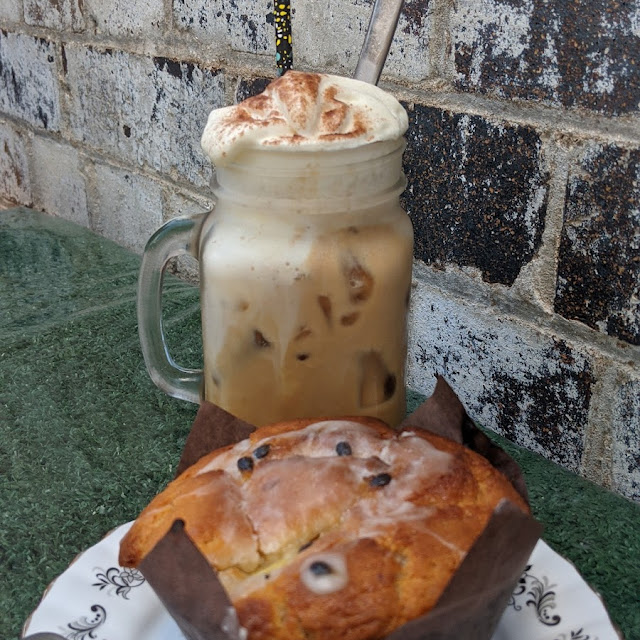 Ice Coffee on Coconut Milk with Pineapple and Passionfruit Muffin
