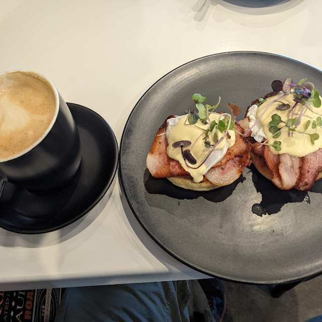 Eggs Benedict and Flat White