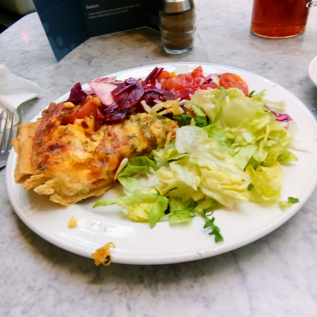 Vegetable Quiche with Green Salad Tomatoes and Red Cabbage