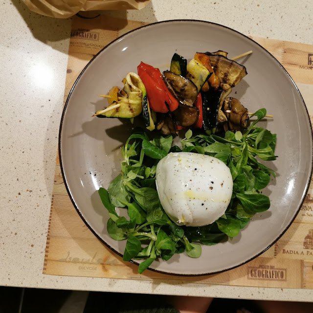 Burrata Cheese with Eggplant Courgette Mashed Tomato Petals