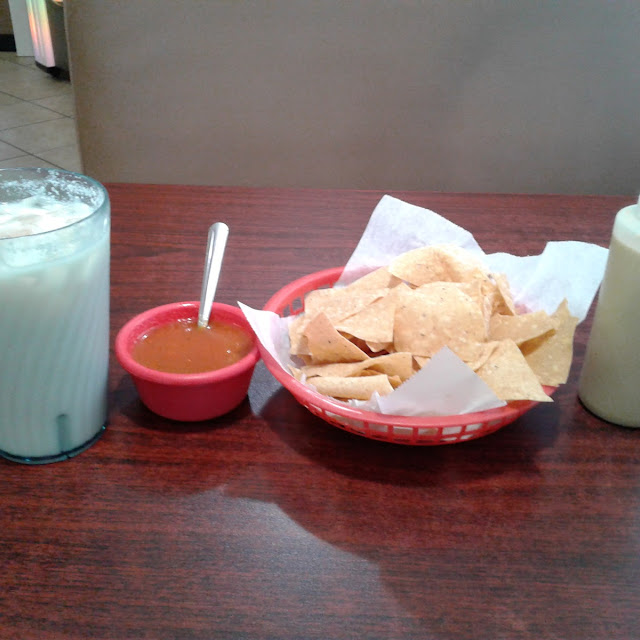 Chips and Salsa Roja and Verde with Horchata