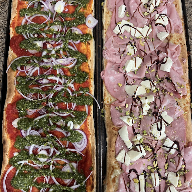 Pesto & Onion Pizza Left Mortadella Pizza Right
